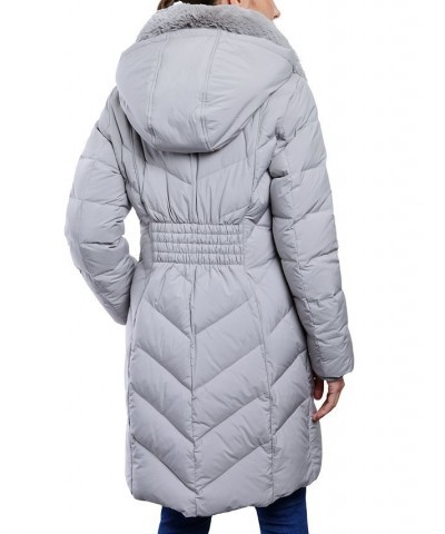 Women's Faux-Fur-Collar Hooded Down Puffer Coat Silver $76.56 Coats