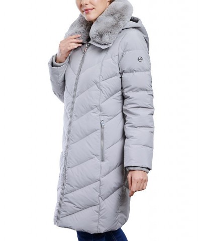 Women's Faux-Fur-Collar Hooded Down Puffer Coat Silver $76.56 Coats