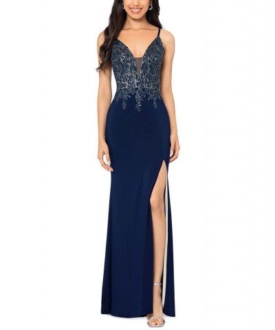 Women's Slit-Hem Beaded-Bodice Gown Navy Ivory $140.36 Dresses