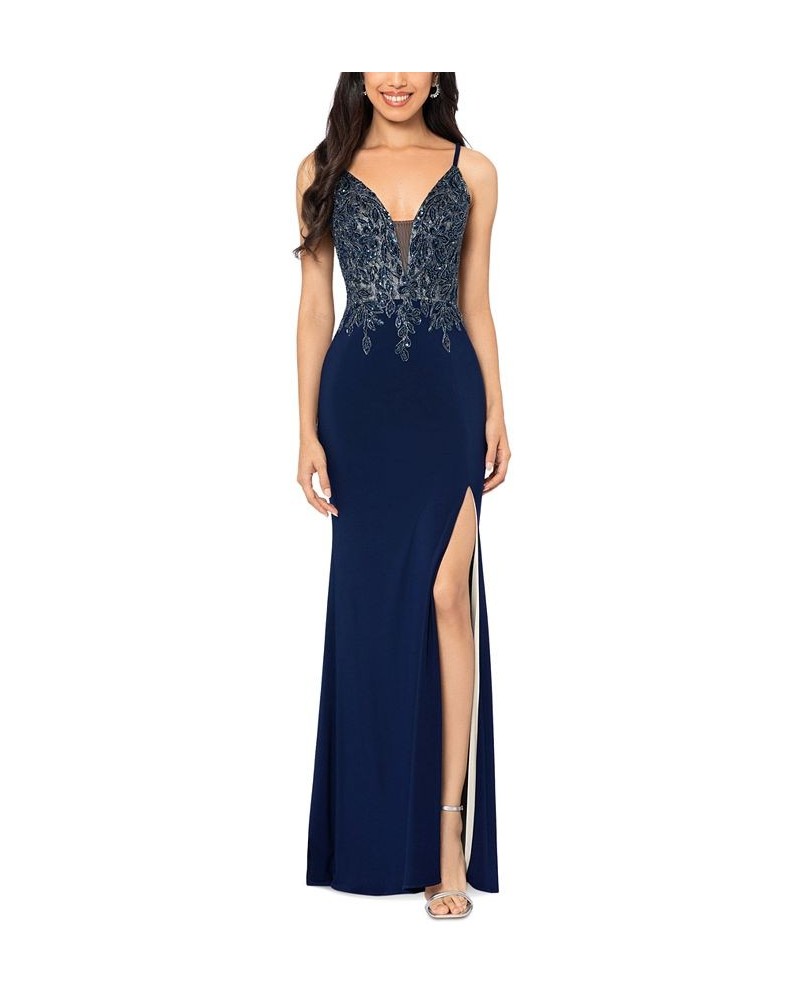 Women's Slit-Hem Beaded-Bodice Gown Navy Ivory $140.36 Dresses