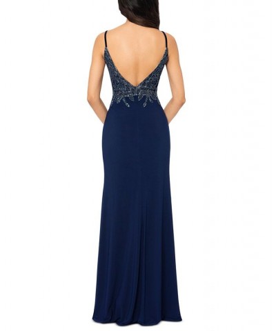 Women's Slit-Hem Beaded-Bodice Gown Navy Ivory $140.36 Dresses