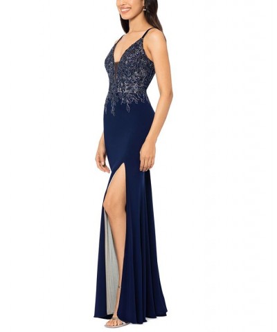 Women's Slit-Hem Beaded-Bodice Gown Navy Ivory $140.36 Dresses