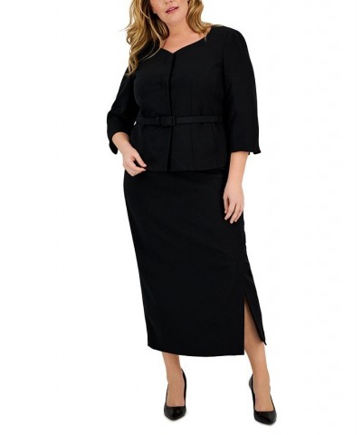 Plus Size Collarless Belted Jacket and Column Skirt Suit Black $82.00 Suits