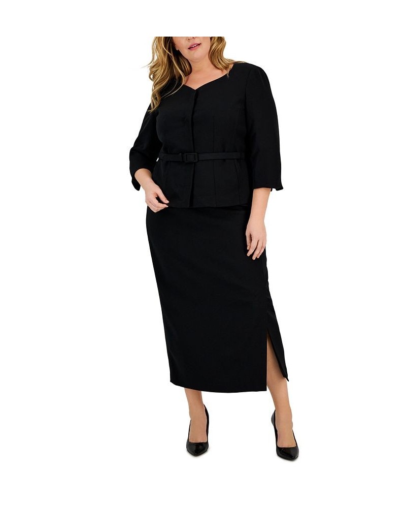 Plus Size Collarless Belted Jacket and Column Skirt Suit Black $82.00 Suits