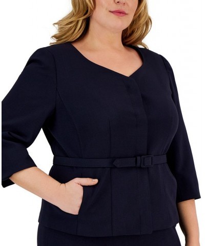 Plus Size Collarless Belted Jacket and Column Skirt Suit Black $82.00 Suits