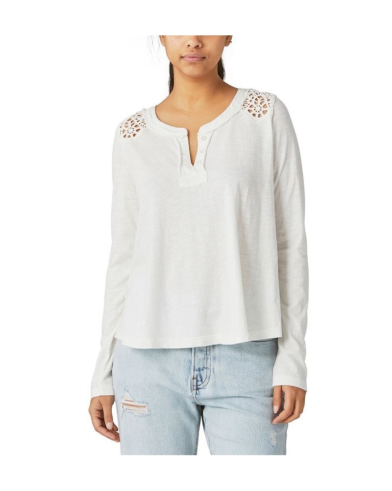 Women's Cotton Cutout Henley Top White $43.73 Tops