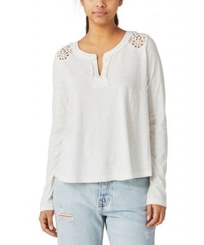 Women's Cotton Cutout Henley Top White $43.73 Tops