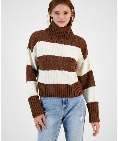 Juniors' Chenille Striped Turtleneck Sweater Brown $16.19 Sweaters