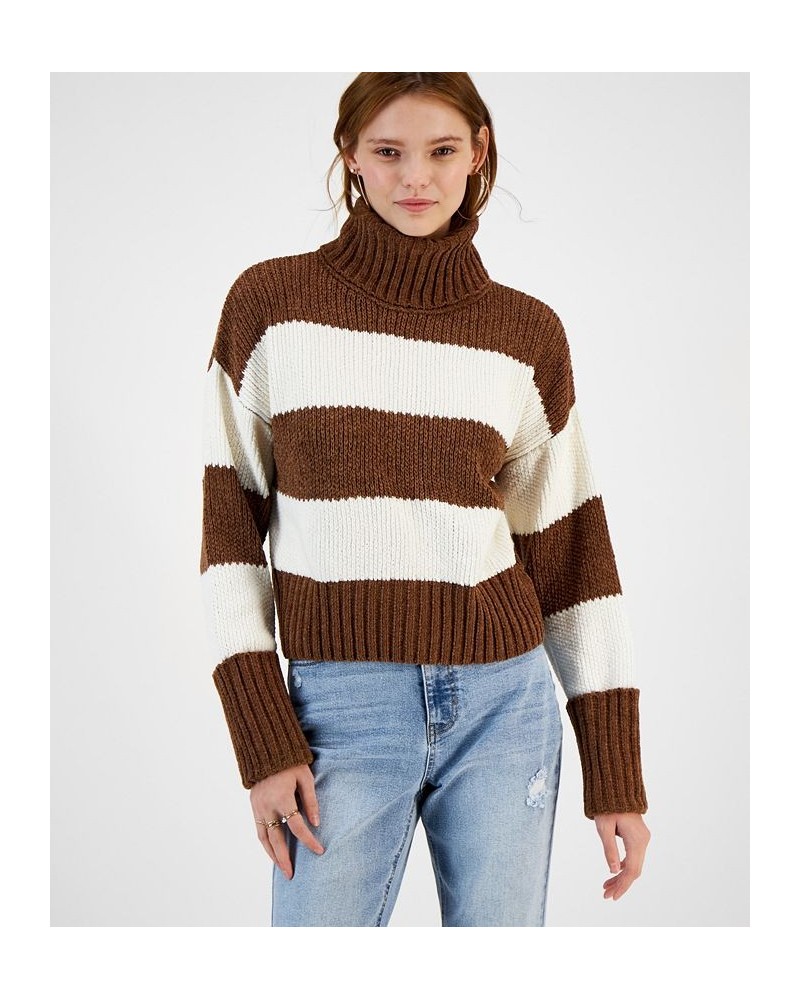 Juniors' Chenille Striped Turtleneck Sweater Brown $16.19 Sweaters