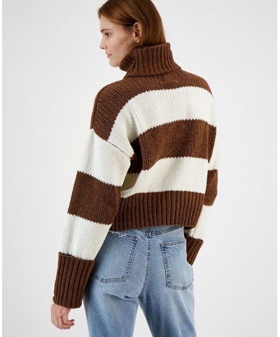 Juniors' Chenille Striped Turtleneck Sweater Brown $16.19 Sweaters