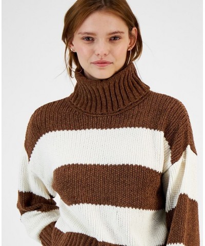 Juniors' Chenille Striped Turtleneck Sweater Brown $16.19 Sweaters