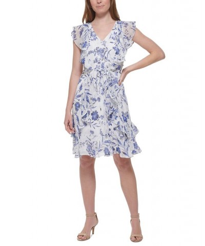 Women's Floral-Print Flutter-Sleeve Tie-Waist Dress Ivory/Cream $58.38 Dresses