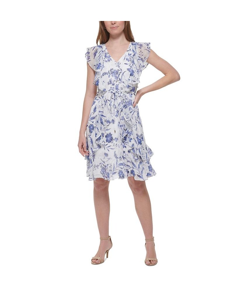 Women's Floral-Print Flutter-Sleeve Tie-Waist Dress Ivory/Cream $58.38 Dresses