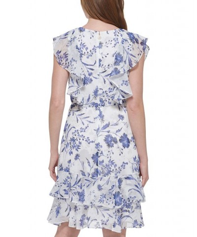 Women's Floral-Print Flutter-Sleeve Tie-Waist Dress Ivory/Cream $58.38 Dresses