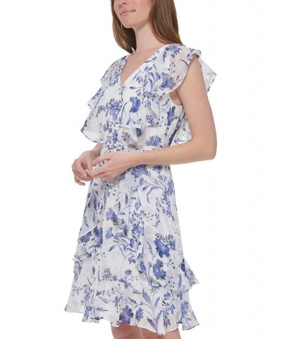 Women's Floral-Print Flutter-Sleeve Tie-Waist Dress Ivory/Cream $58.38 Dresses