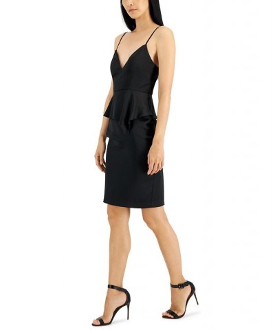 Women's V-Neck Asymmetrical Peplum Dress Black $75.57 Dresses