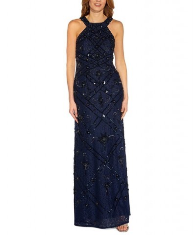 Petite Sequined Lace Halter Gown Midnight $41.42 Dresses