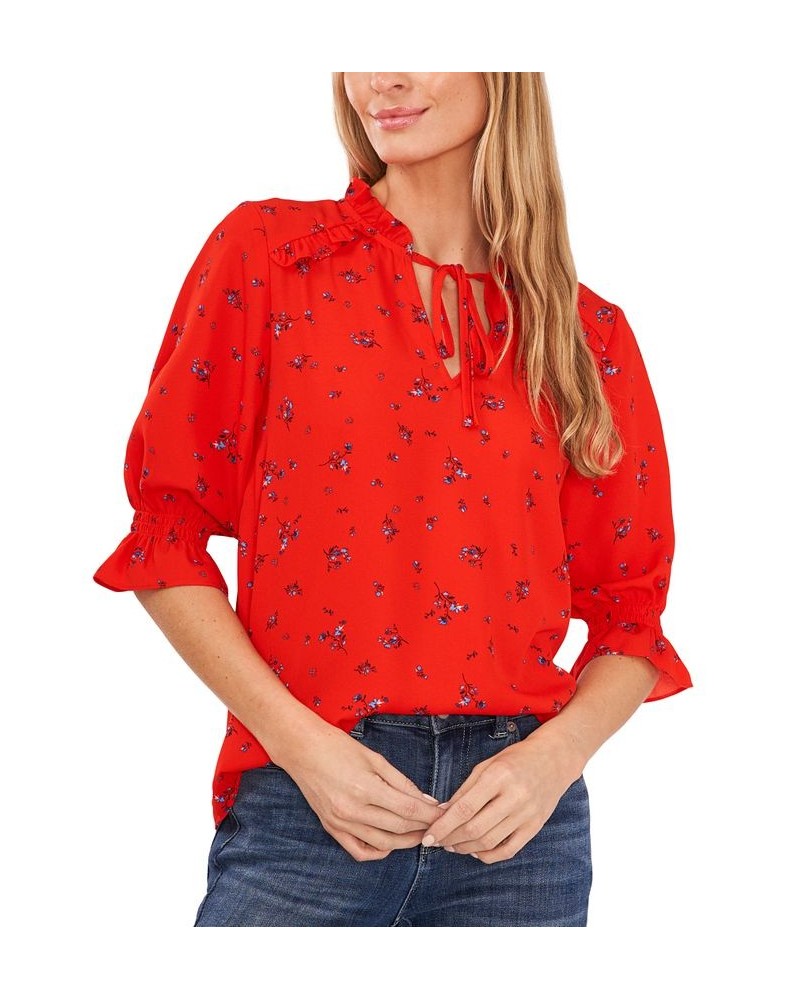 Women's Tie-Neck Floral-Print Blouse Red $31.57 Tops