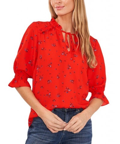 Women's Tie-Neck Floral-Print Blouse Red $31.57 Tops