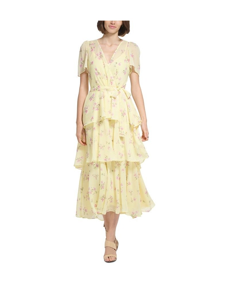 Women's Floral-Print Chiffon Short-Sleeve Tiered Dress Pale Yellow Multi $66.78 Dresses