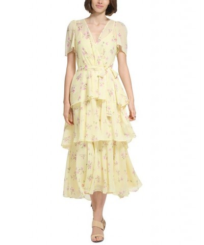 Women's Floral-Print Chiffon Short-Sleeve Tiered Dress Pale Yellow Multi $66.78 Dresses