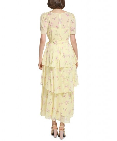 Women's Floral-Print Chiffon Short-Sleeve Tiered Dress Pale Yellow Multi $66.78 Dresses