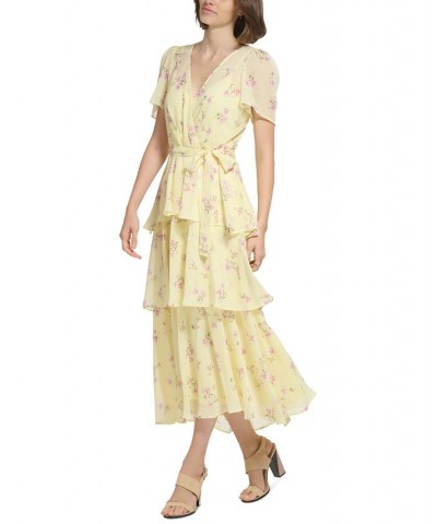 Women's Floral-Print Chiffon Short-Sleeve Tiered Dress Pale Yellow Multi $66.78 Dresses