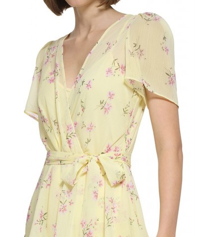 Women's Floral-Print Chiffon Short-Sleeve Tiered Dress Pale Yellow Multi $66.78 Dresses