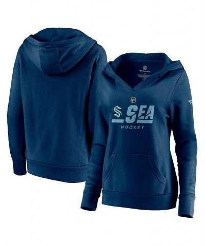 Women's Navy Seattle Kraken Authentic Pro Secondary Logo V-Neck Pullover Hoodie Navy $36.00 Sweatshirts