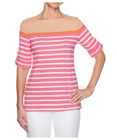 Women's Plus Size Knit Engineered Stripe Top Orange Multi $18.50 Tops