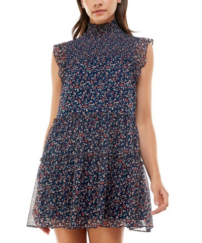 Juniors' High Neck Tiered Fit & Flare Dress Navy Floral $28.32 Dresses