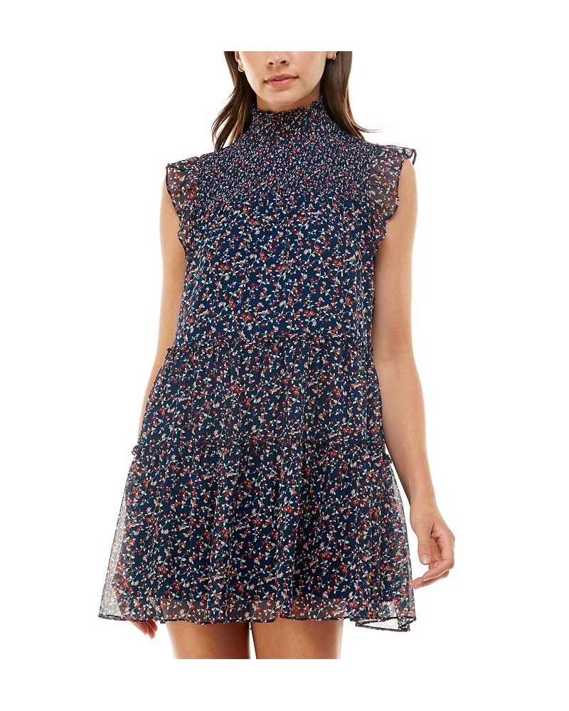 Juniors' High Neck Tiered Fit & Flare Dress Navy Floral $28.32 Dresses