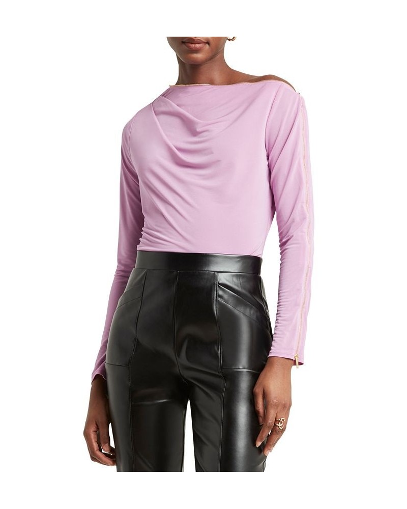 Women's Boat-Neck Exposed-Zipper Long-Sleeve Top Violet $38.32 Tops