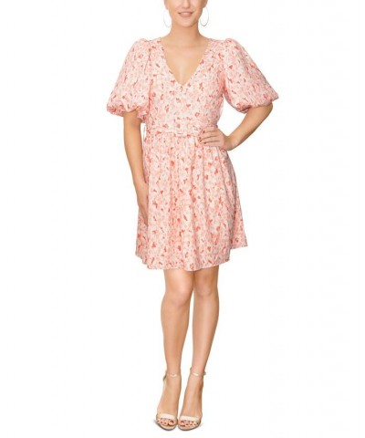 Women's Valeria Puff-Sleeve Belted Mini Dress Peach Animal $38.47 Dresses