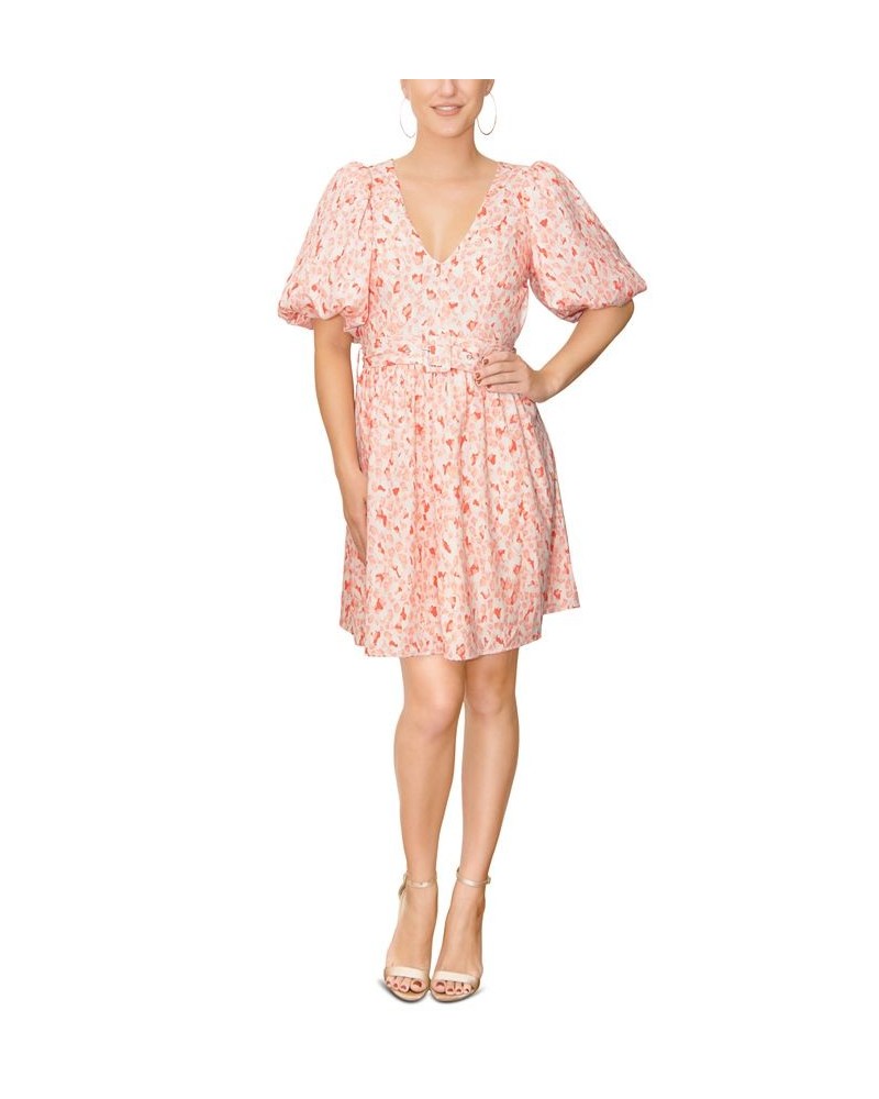 Women's Valeria Puff-Sleeve Belted Mini Dress Peach Animal $38.47 Dresses