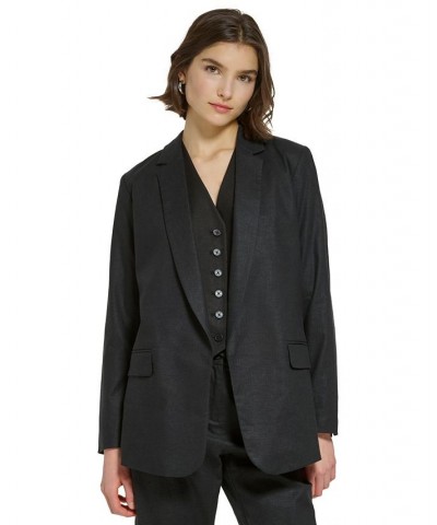 Women's Linen Blend Open Front Blazer Black $57.24 Jackets