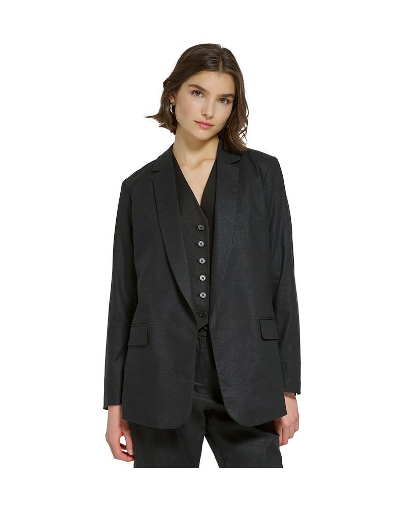 Women's Linen Blend Open Front Blazer Black $57.24 Jackets