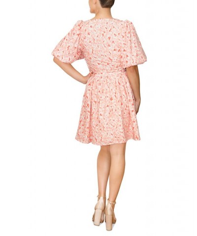 Women's Valeria Puff-Sleeve Belted Mini Dress Peach Animal $38.47 Dresses