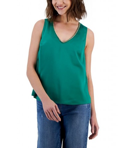 Women's Chain-Trim V-Neck Tank Top Green $25.14 Tops