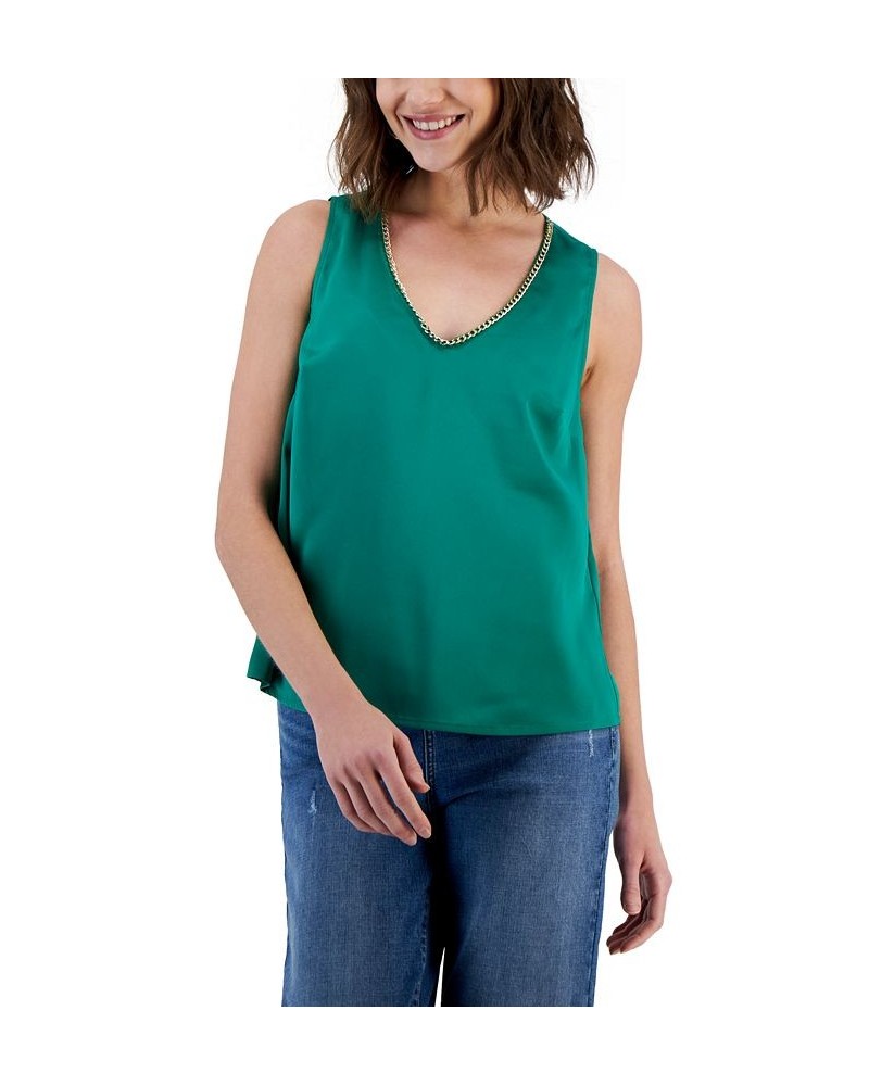 Women's Chain-Trim V-Neck Tank Top Green $25.14 Tops