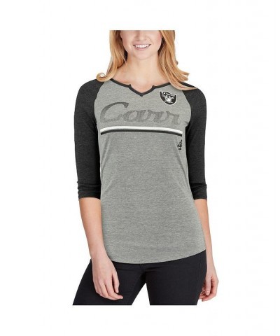 Women's Las Vegas Raiders Over the Line Tri-Blend 3/4-Sleeve V-Notch T-shirt Heathered Gray, Black $22.00 Tops