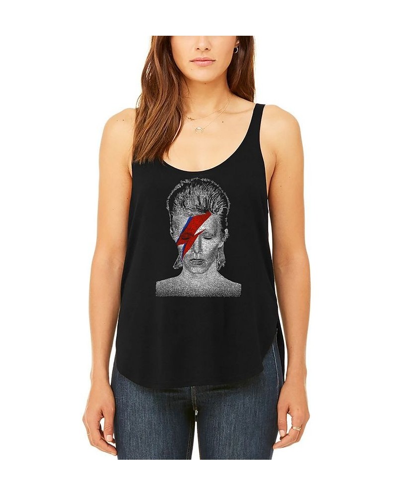 Women's David Bowie Aladdin Sane Word Art Flowy Tank Top Black $26.54 Tops