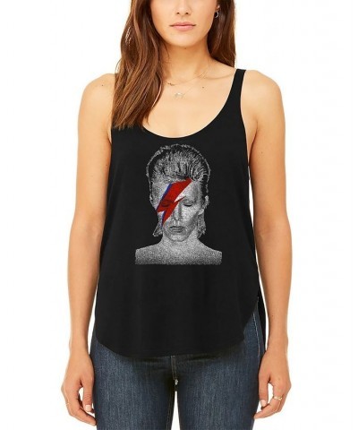 Women's David Bowie Aladdin Sane Word Art Flowy Tank Top Black $26.54 Tops