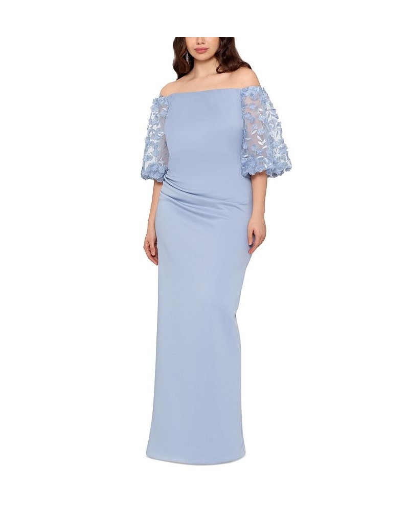 Plus Size Off-The-Shoulder Floral-Appliqué-Sleeve Scuba-Crepe Gown Sky Blue $109.82 Dresses