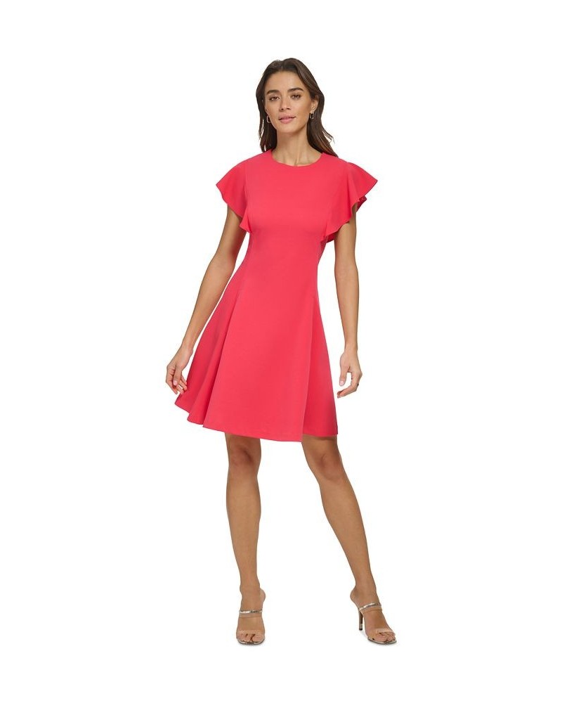 Women's Flutter-Sleeve Seamed Fit & Flare Dress Pink $52.82 Dresses