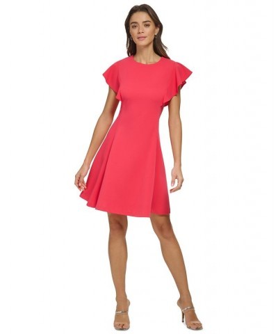 Women's Flutter-Sleeve Seamed Fit & Flare Dress Pink $52.82 Dresses