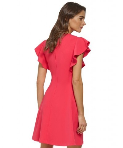 Women's Flutter-Sleeve Seamed Fit & Flare Dress Pink $52.82 Dresses