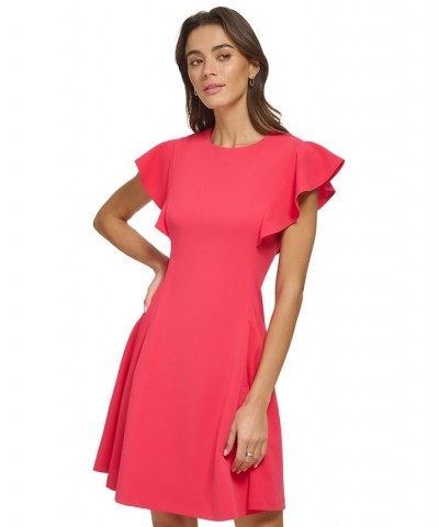 Women's Flutter-Sleeve Seamed Fit & Flare Dress Pink $52.82 Dresses