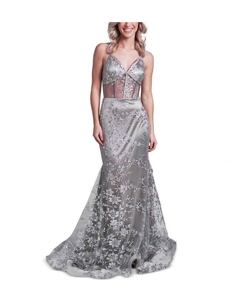 Juniors' All Over Silver Glitter Mesh Gown Silver $73.15 Dresses