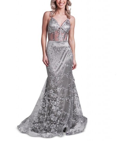 Juniors' All Over Silver Glitter Mesh Gown Silver $73.15 Dresses